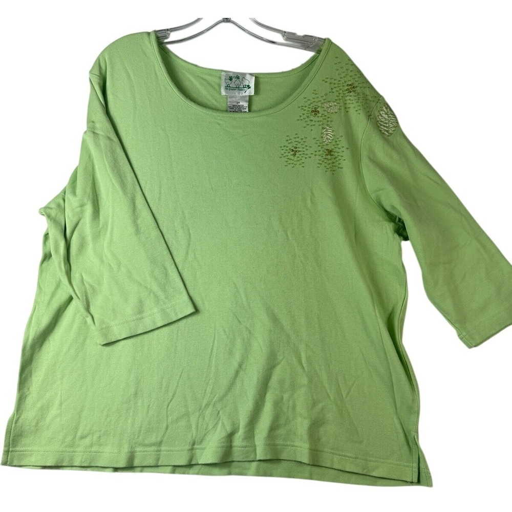 Quacker Factory Scattered Beads Green Tunicโ Top Plus Size XXL Leaves Tee Shirt